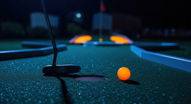 Illuminated miniature golf scene at night, featuring a glowing ball about to be putted