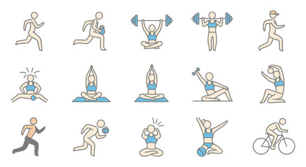 Fototapeta premium diverse fitness exercise icons depicting workout routines running yoga weightlifting cycling active healthy lifestyle.