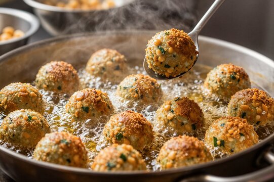Crispy falafel balls frying in hot oil in pan representing Middle Eastern cuisine and plant based cooking