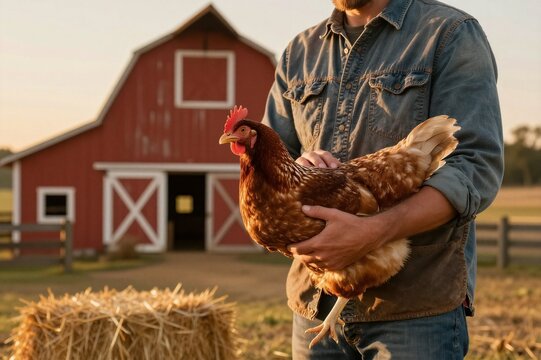 Farmer holding brown chicken in front of red barn representing small scale farming and poultry care