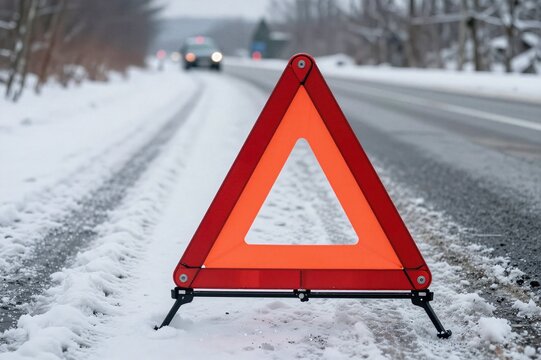 Emergency warning triangle on snowy road indicating car breakdown and winter driving hazard