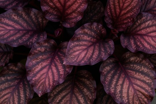 Dark purple tropical leaves forming botanical background with rich texture and dramatic lighting