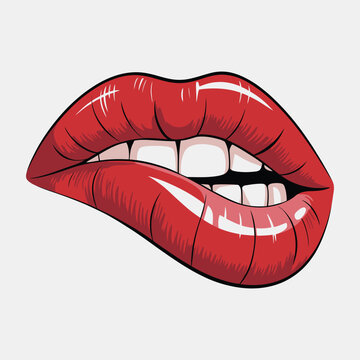 Shiny red lips biting lower lip, vector illustration of seductive mouth