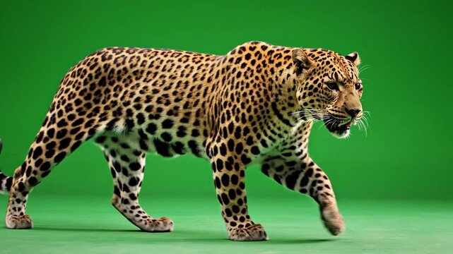A majestic leopard walking forward against a vibrant green screen background