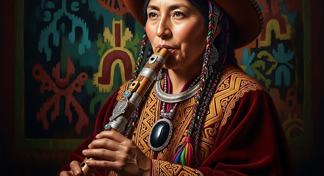 Indigenous Woman Plays Luxury Andean Flute