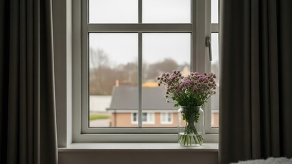 Interior shot of a window with flowers on the sill, framed by curtains, overlooking a residential scene