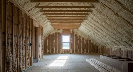 Interior view of an attic space under construction, wood framing and insulation visible