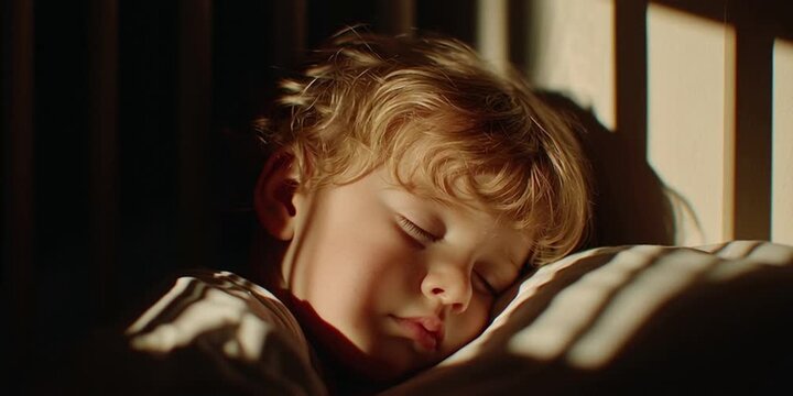 Caucasian child with curly hair peacefully sleeping in a crib, soft sunlight casting shadows through the slats, creating a serene and cozy atmosphere