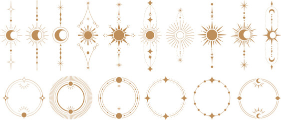 Celestial sun and moon boho line symbols set, mystical astrology geometric elements, minimal golden vector collection, sacred cosmic ornament illustrations © Snigdha Creatives