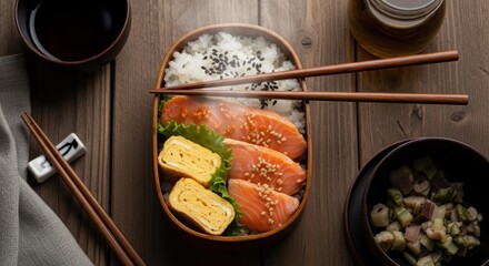 Japanese bento box with salmon, rice, and sides on a wooden table