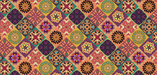 Colorful Geometric Floral Textile Pattern with Vintage Ornamental Tiles and Ethnic Mandala Motifs