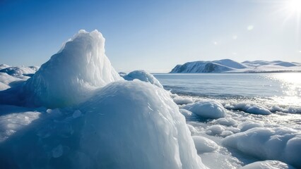 Frozen landscape with icy formations, ocean, mountains, and bright sunlight