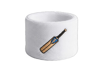 White terry cloth wristband with embroidered cricket bat emblem for sports.