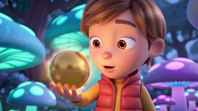 Cartoon boy holding glowing orb. Animated character in fantasy forest. Colorful mushroom background. Whimsical illustration. Young boy with red hair. Red vest. Glowing gold ball. Vector