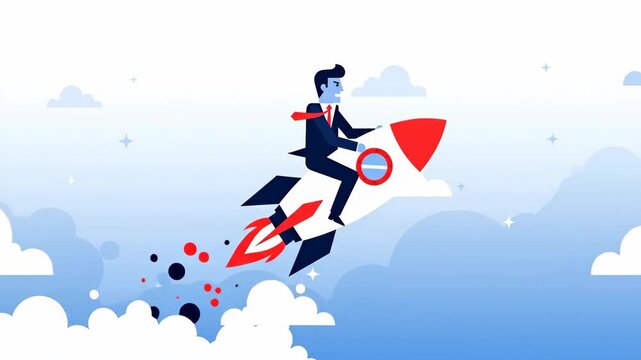 Businessman Riding a Rocket Ship Through the Clouds to Success.