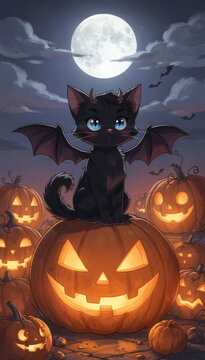Adorable Halloween cat with tiny horns and wings among glowing pumpkins
