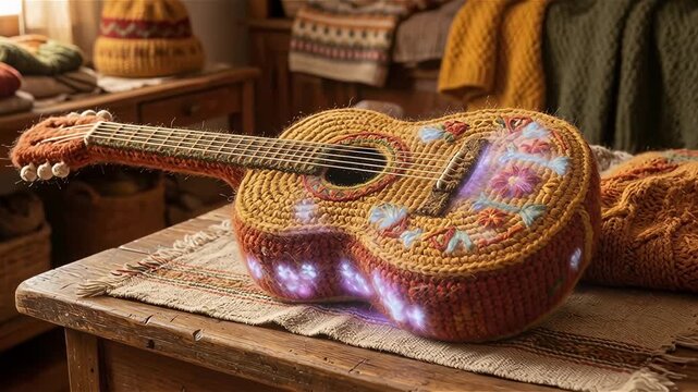 Handmade knitted guitar with colorful embroidery and a soft mystical glow, sitting on a wooden table for a cozy artistic concept and musical inspiration