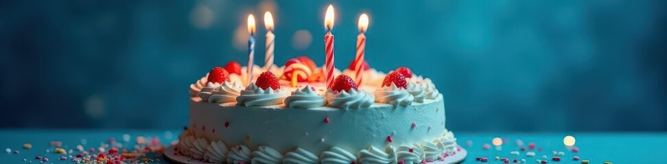 Delicious birthday cake, lit candles, blue backdrop, party cake, cherry