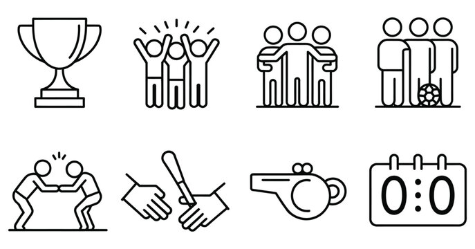 Sports teamwork linear icon set, including trophy, team huddle, celebration, relay, soccer, scoreboard, handshake, and whistle, vector design.
