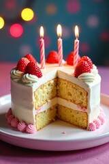 Delicious birthday cake, slice missing, festive topper , sugar, sweet