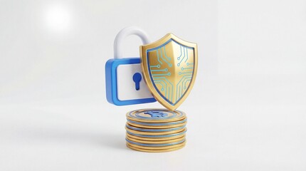 Secure financial transactions represented by a gold shield and padlock on a stack of gold coins