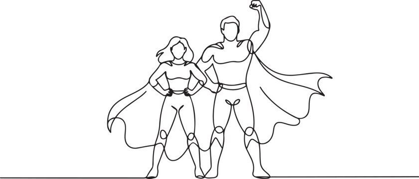 Continuous one line superheroes. Super woman and man with hero cloth cape, strong leader in superhero pose.one line victor illustration in white Background.