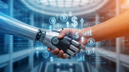 Robot and Human Handshaking in a High-Tech Industrial Facility Representing Collaboration and Innovation