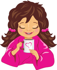 Smiling girl is drinking coffee in a bright night robe. Vector.eps