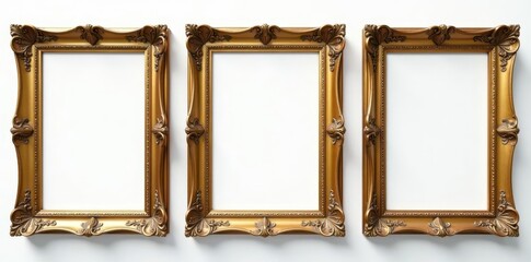 Elegant antique gold frames arranged on white, artistic gallery style , clean, white background