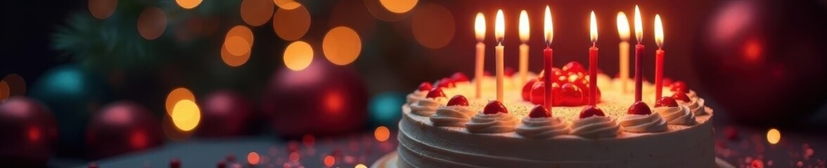 Elegant birthday cake, candles ablaze, festive bokeh , birthday cake, dessert