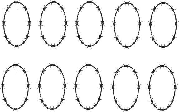 Set of oval barbed wire frames in hand drawn grunge style for danger warning abstract vector illustration