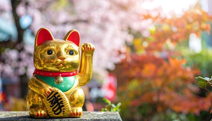 Golden Maneki Neko Cat Statue with Cherry Blossoms in Background.