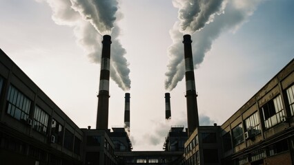Low-angle view of factory smokestacks releasing thick plumes of smoke into a cloudy sky