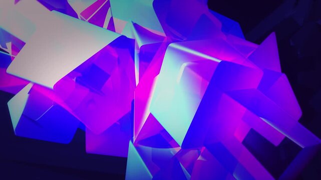 Abstract geometric forms glowing with blue and magenta neon lights. 3D Graphics video loop, ideal as a commercial backdrop for candy products