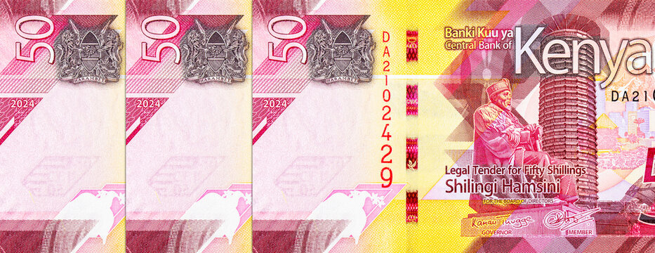 Banknote 50 Shillings Kenya with the image of the statue of the first president Jomo Kenyatta and the conference center. Money of Kenya and Africa.(Multiple values)