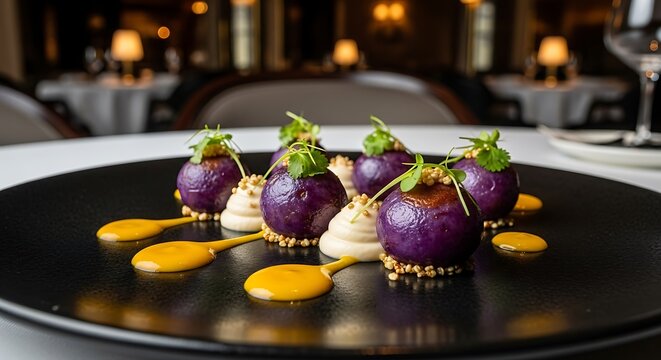 Luxury Peruvian Fusion Dish with Purple Potatoes and Aji Sauce