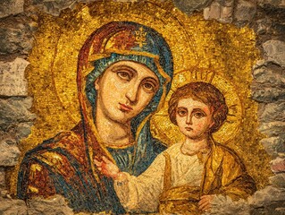 Virgin Mary and child Jesus mosaic icon, golden halo, ancient Byzantine style, sacred religious art