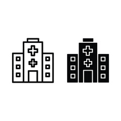 Two black and white line art icons depicting hospital buildings