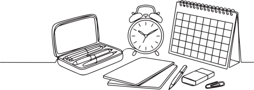 One continuous line drawing of pencil case, alarm clocks and calendar on office desk. Stationery for study and tidy on the table.one line victor illustration in white Background.