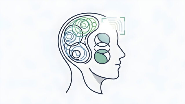 Human head profile with abstract brain gears and digital signal icon, outline illustration for AI, thinking, and technology concepts isolated PNG with Transparent Background
