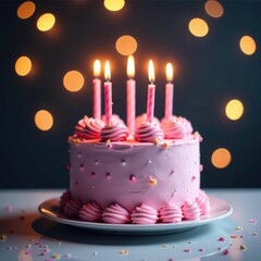 Elegant pink birthday cake, twinkling lights backdrop , dessert, bokeh, magical