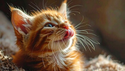 Adorable Ginger Kitten Licking Its Nose with Bright Blue Eyes.
