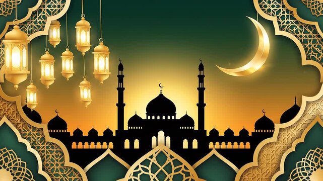 Elegant Islamic celebration background with mosque silhouette, glowing lanterns, and crescent moon, perfect for Ramadan and Eid greetings