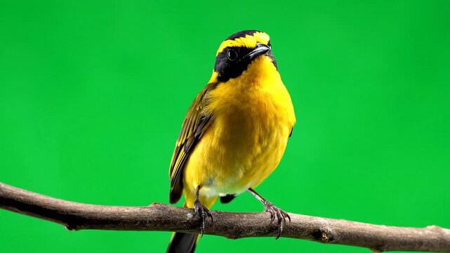 A vibrant golden tanager perches on a slender branch against green