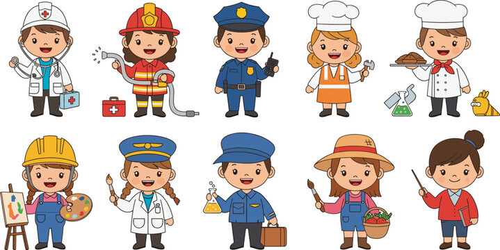 Kids Profession Characters Illustration Set Showing Children as Doctor, Firefighter, Police, Chef, Builder, and Farmer for Career Education Design
