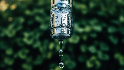 Macro shot of a chrome faucet with water droplets, green foliage in the blurry background