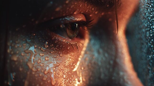 Close-up of human face with tears blending into rain, water texture and temperature visible through light and detail. Intense emotional realism captured in raw, atmospheric conditions.
