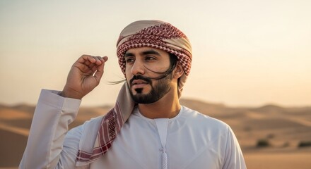 Man in traditional Middle Eastern attire poses in desert at sunset, touching his hair