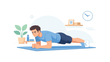 Man doing plank exercise on mat at home, flat vector illustration