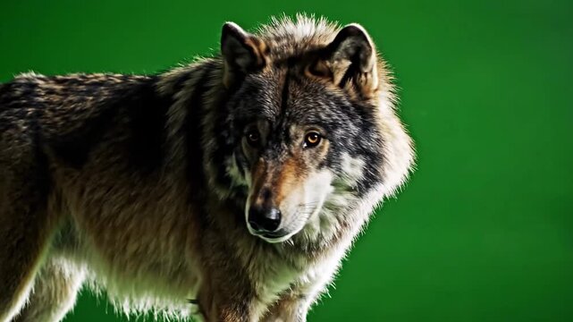 A majestic gray wolf in profile against a vibrant green backdrop